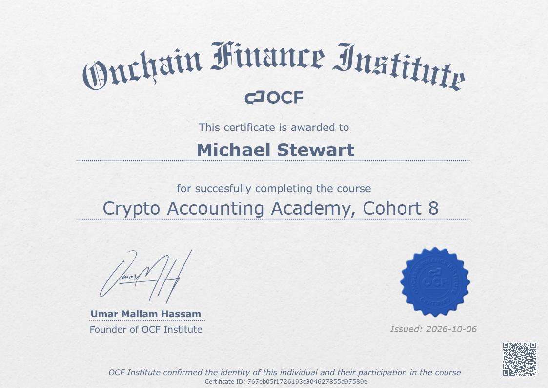 Crypto Accounting Academy, Cohort 8 certificate issued to Michael Stewart